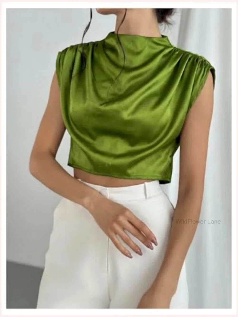 Satin Crop Top Mock Neck Blouse Ruched Cap Sleeve Dressy Work Shirt - Picture 5 of 7